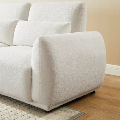 102" Modern Teddy Fabric L-Shaped Sofa, Coil Spring Seat, Off White / Black