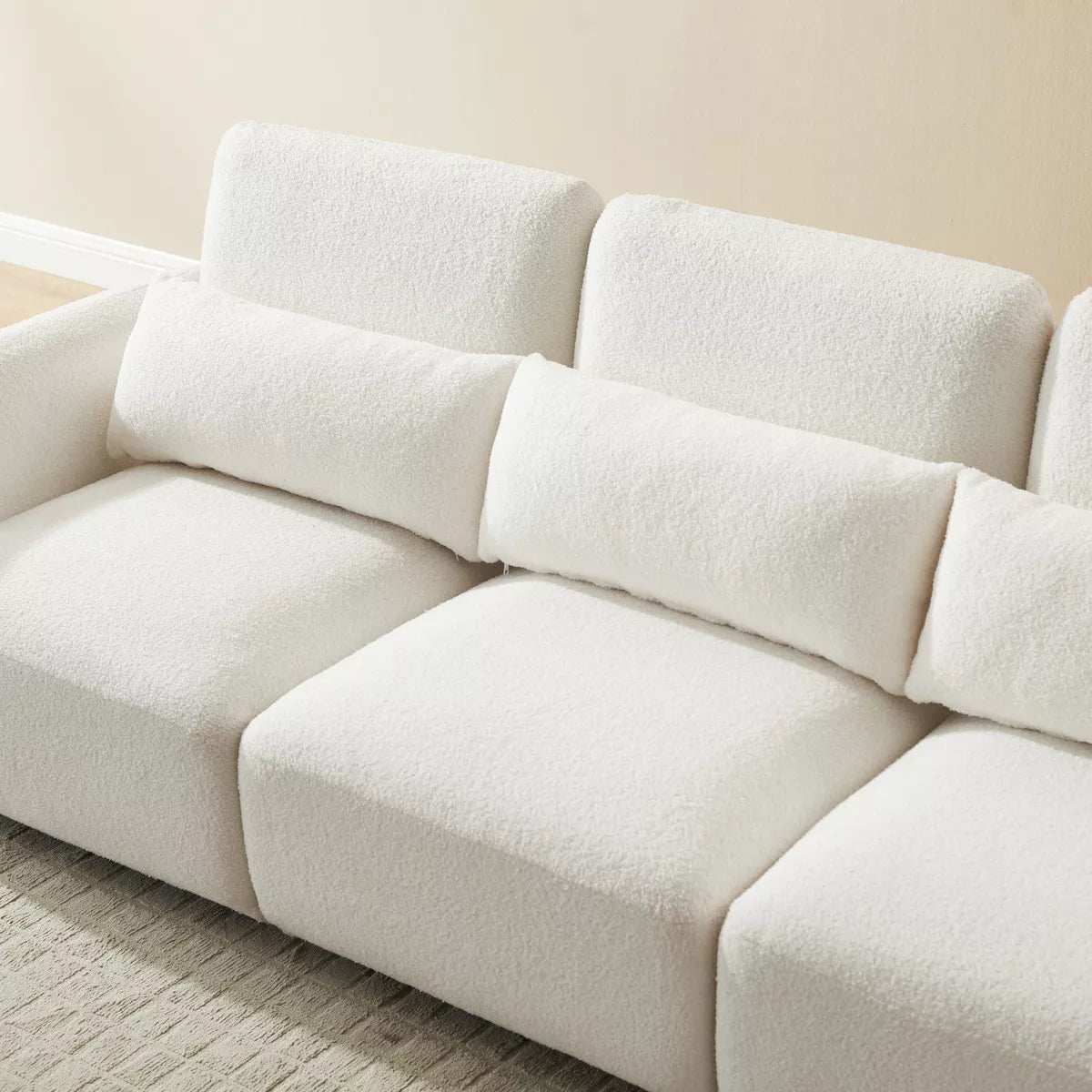 102" Modern Teddy Fabric L-Shaped Sofa, Coil Spring Seat, Off White / Black