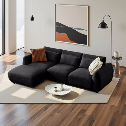 102" Modern Teddy Fabric L-Shaped Sofa, Coil Spring Seat, Off White / Black