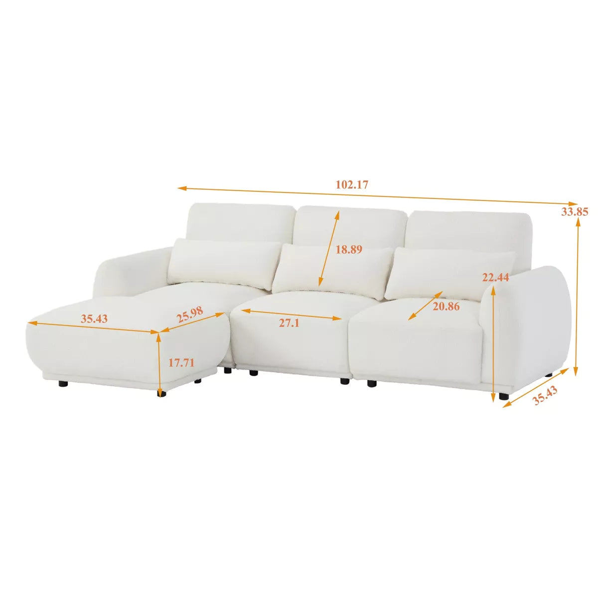 102" Modern Teddy Fabric L-Shaped Sofa, Coil Spring Seat, Off White / Black