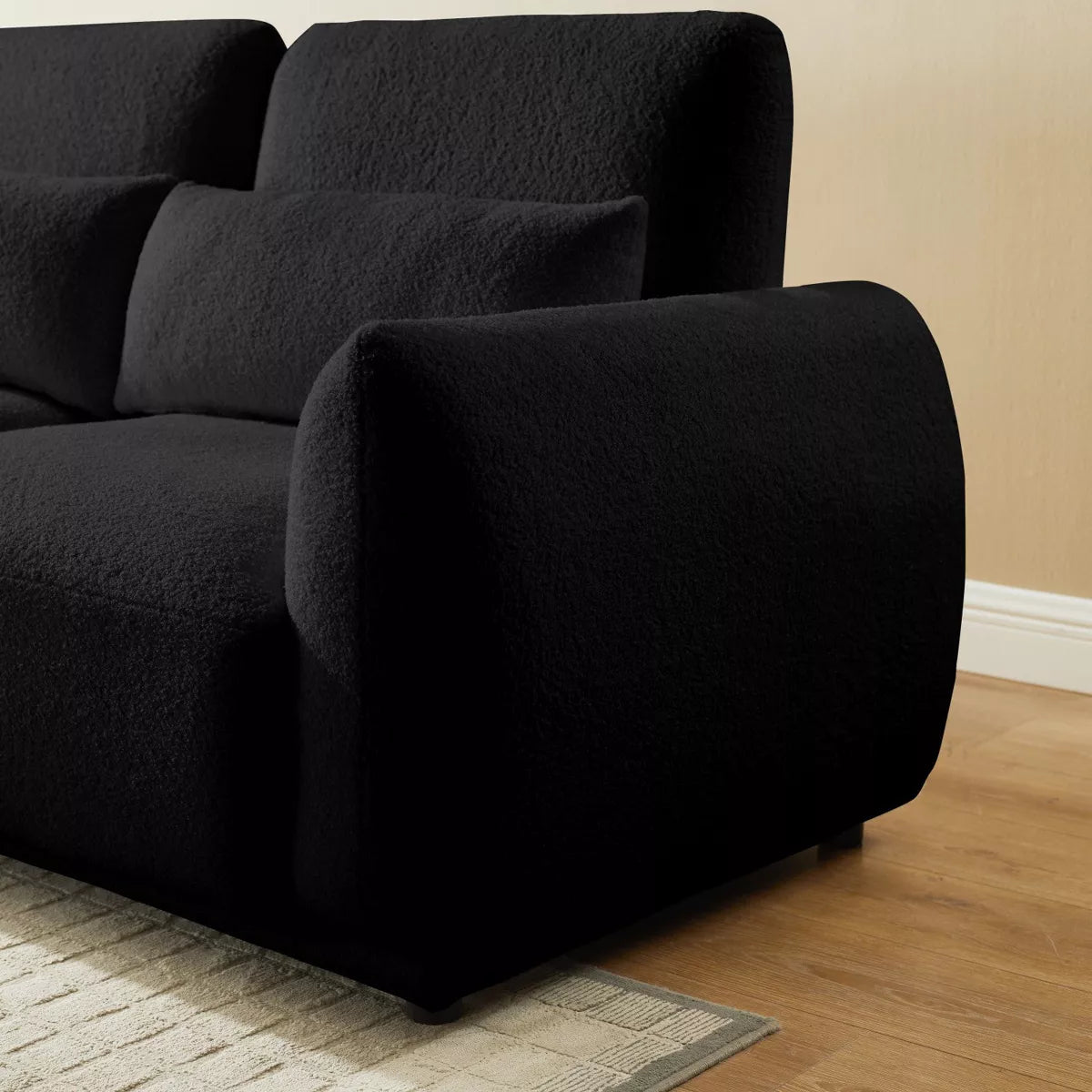 102" Modern Teddy Fabric L-Shaped Sofa, Coil Spring Seat, Off White / Black