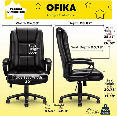 High Back Heavy Duty Executive Leather Office Chair, 400LBS 8Hours EOC01
