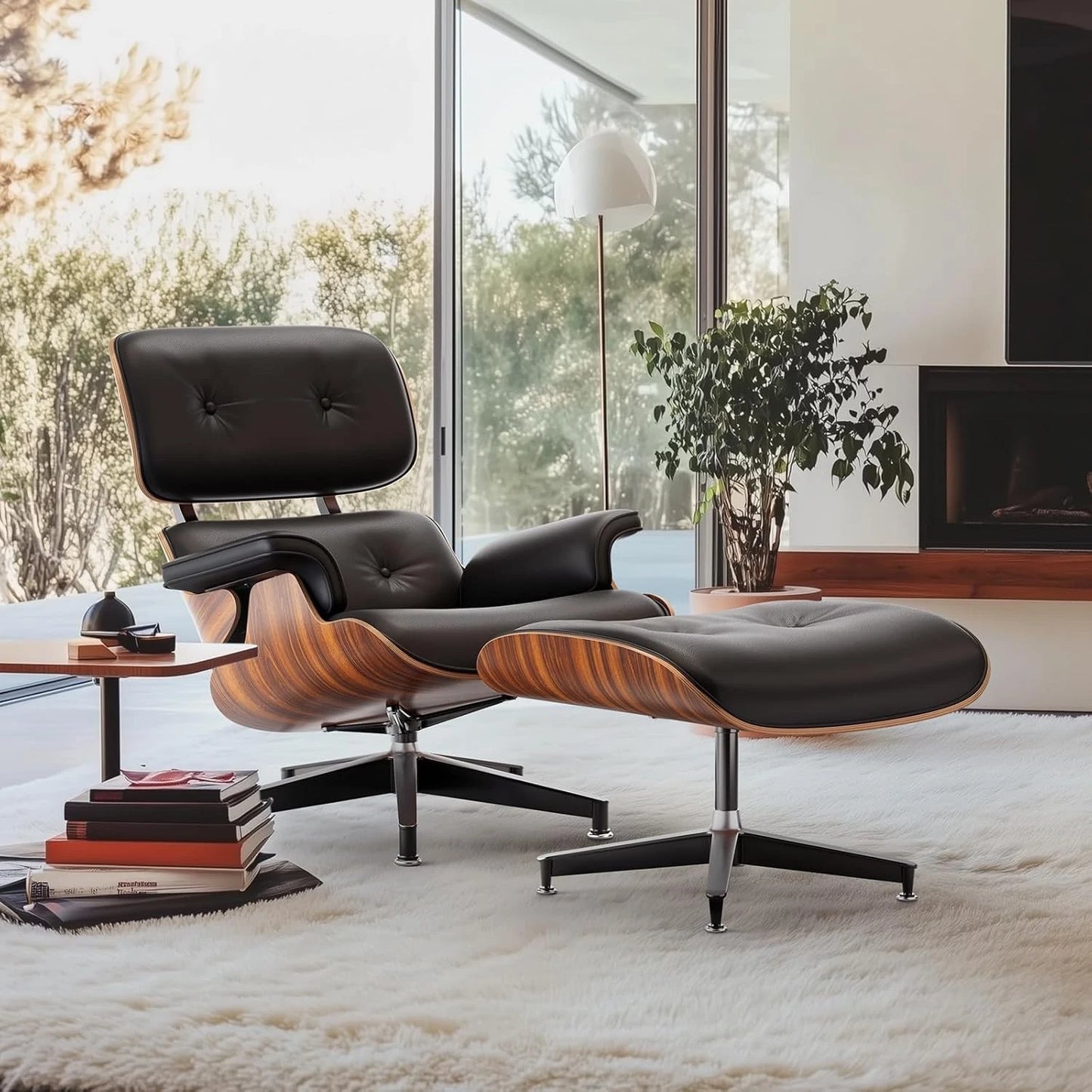 Black PU Leather Chaise Lounge Chair w/ Ottoman Mid Century Modern Wood Base