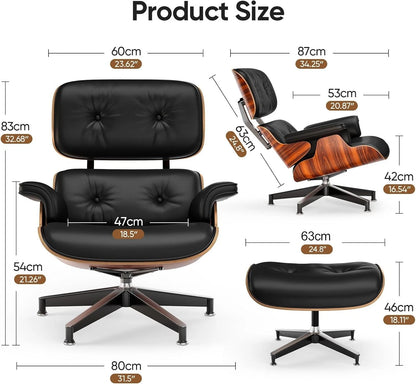 Black PU Leather Chaise Lounge Chair w/ Ottoman Mid Century Modern Wood Base