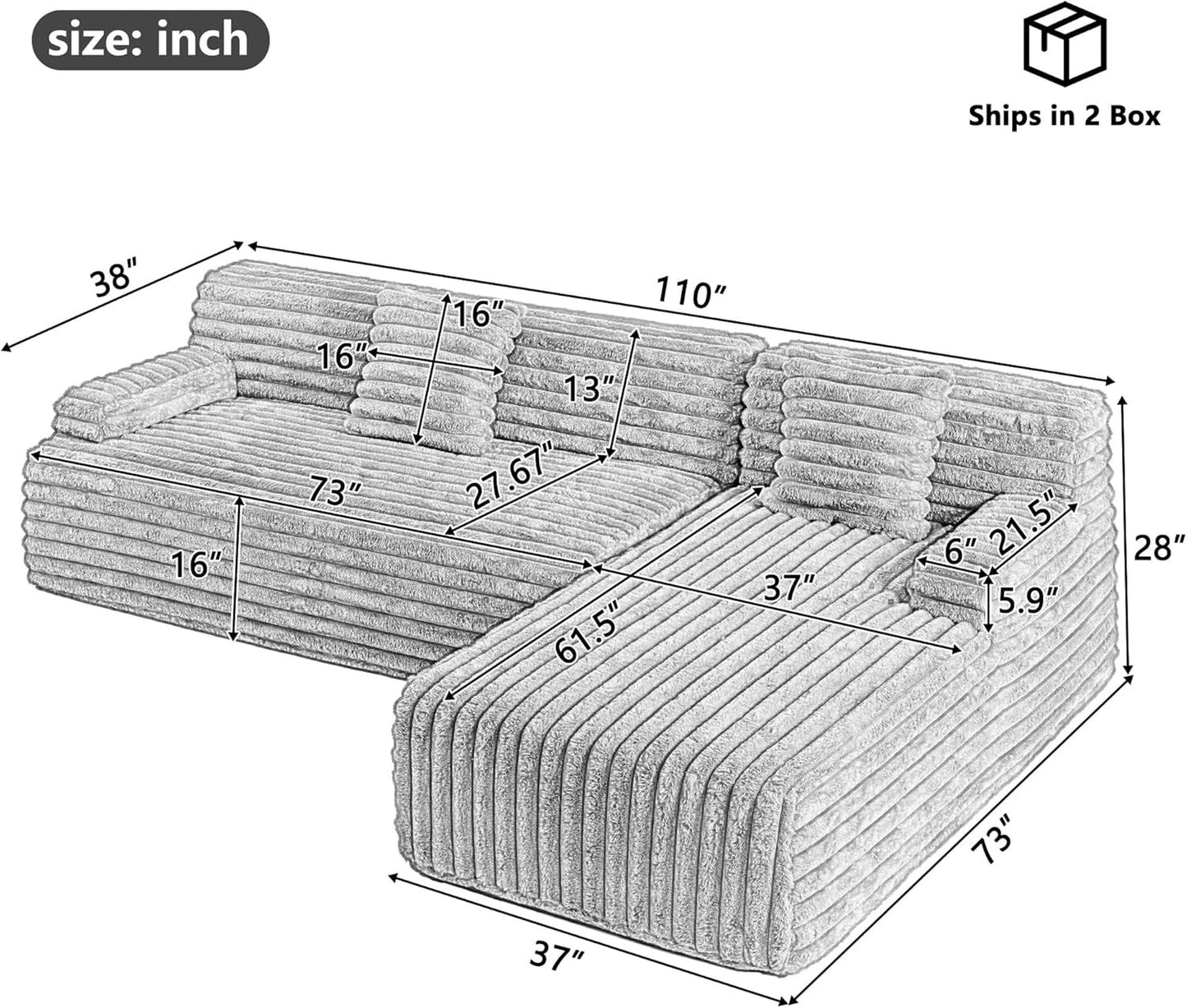110" Modern Cloud Sectional Sofa, Free Combination Upholstered Couch w/ 2-Pillow