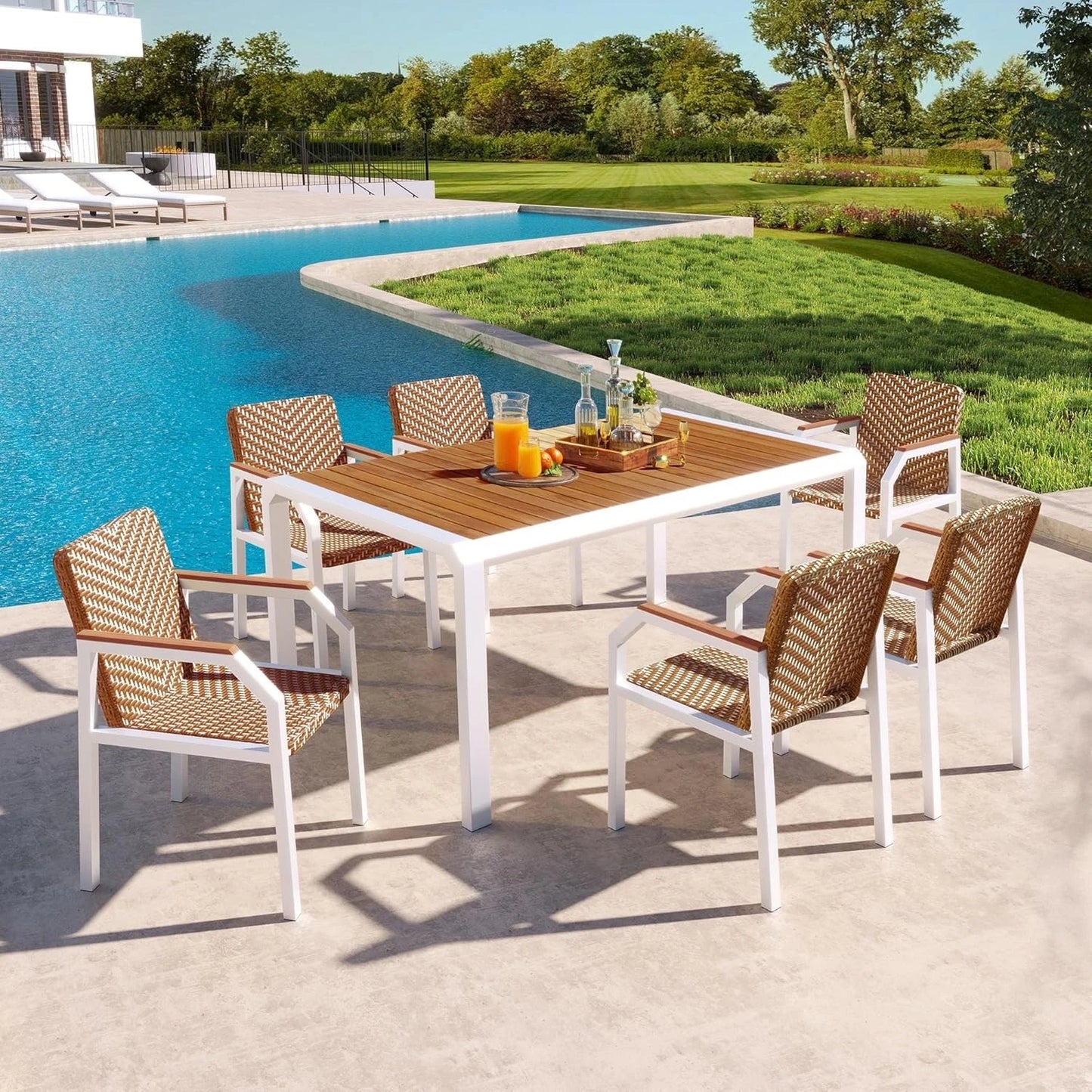 7PC Patio Dining Table Set Rattan Chairs Acacia Wood Top Outdoor Furniture