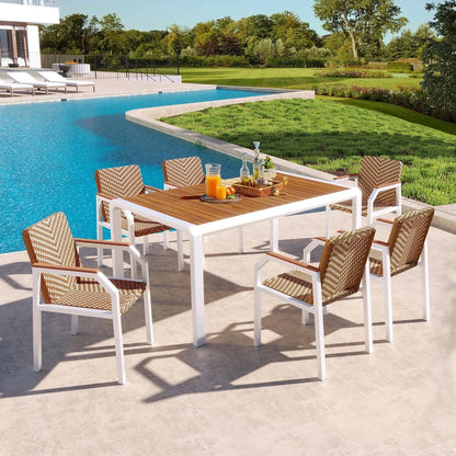 7PC Patio Dining Table Set Rattan Chairs Acacia Wood Top Outdoor Furniture