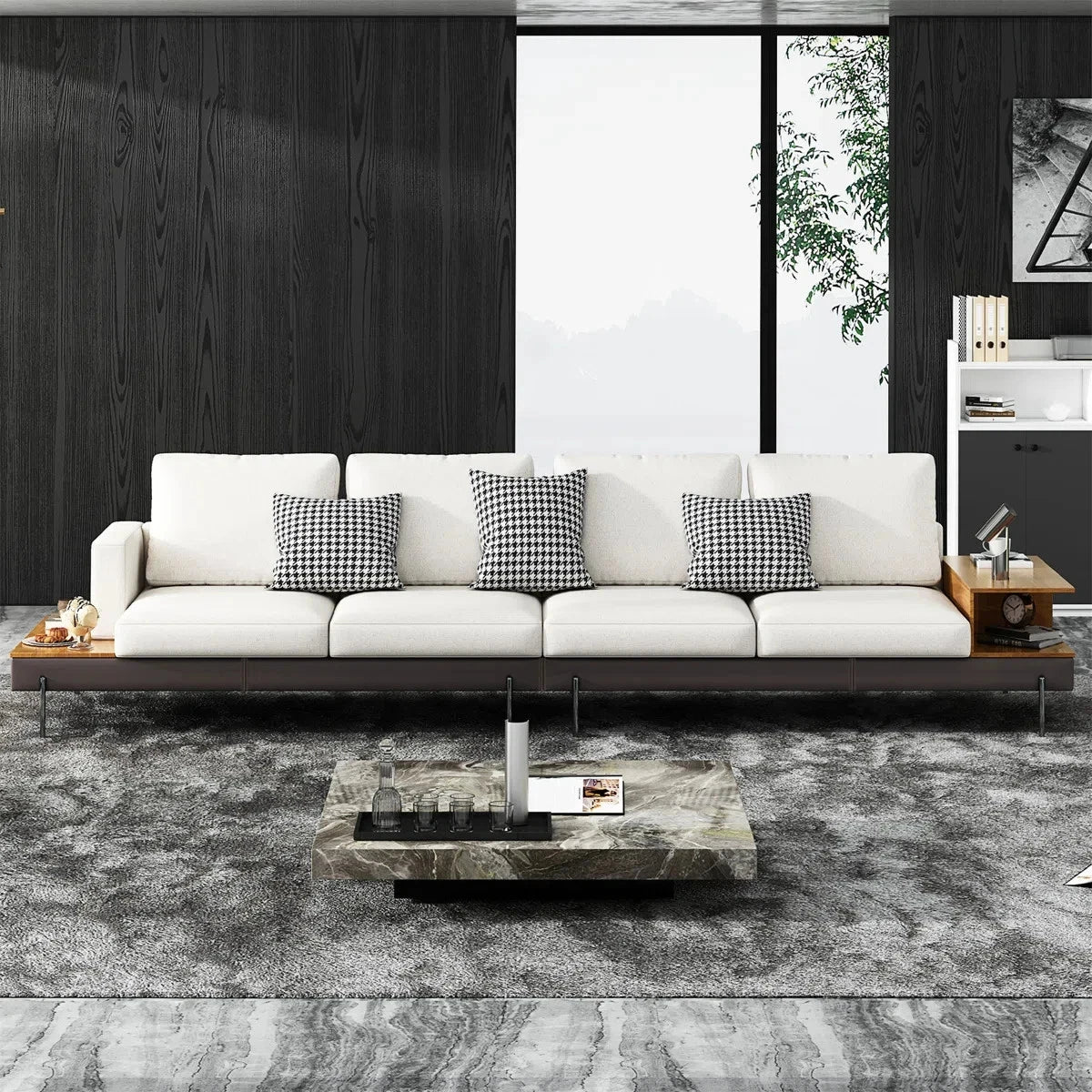 147.2'' Upholstered Sofa with USB, Cotton Fabric, Modern 4 Seat Couch w/ Shelves