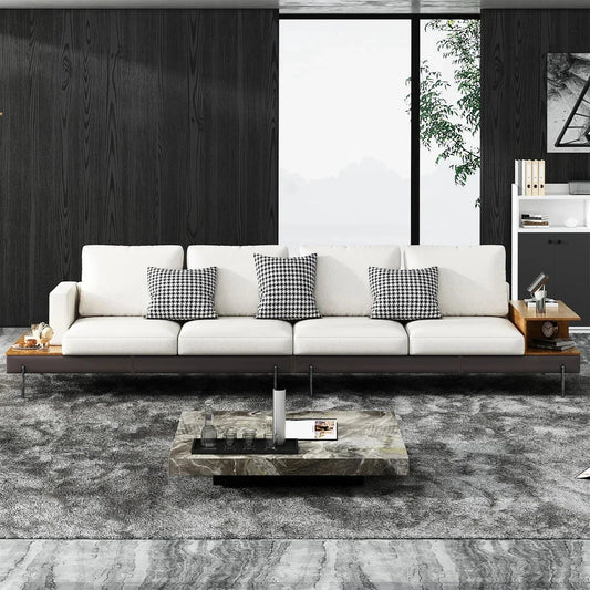 147.2'' Upholstered Sofa with USB, Cotton Fabric, Modern 4 Seat Couch w/ Shelves