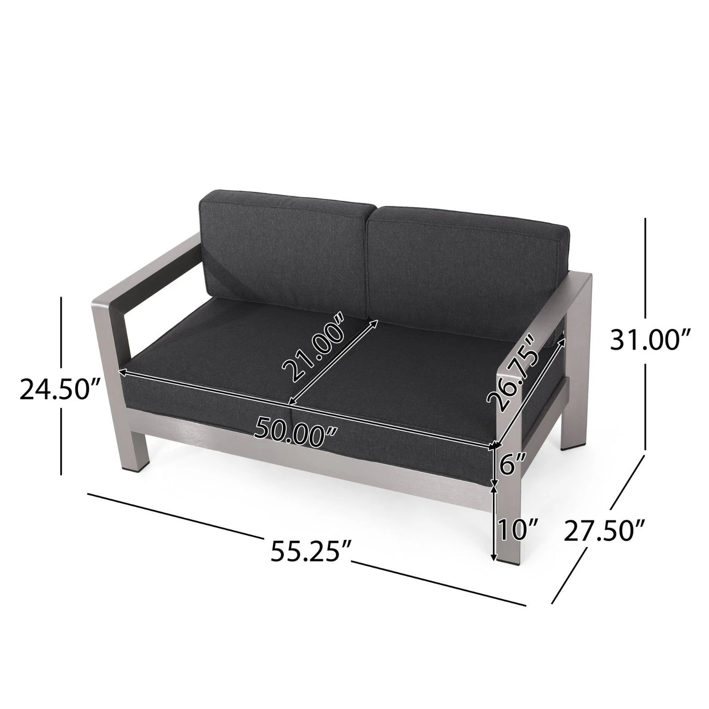 Outdoor Aluminum Loveseat with Cushions, Silver & Charcoal, 2-Seater Patio Sofa