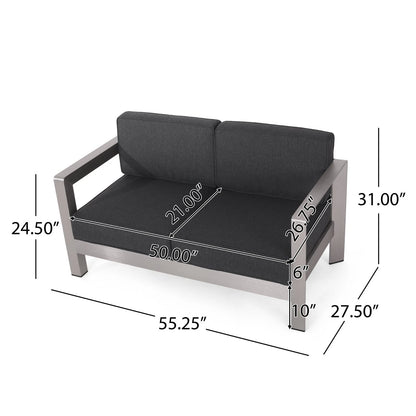 Outdoor Aluminum Loveseat with Cushions, Silver & Charcoal, 2-Seater Patio Sofa