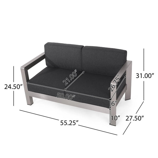 Outdoor Aluminum Loveseat with Cushions, Silver & Charcoal, 2-Seater Patio Sofa