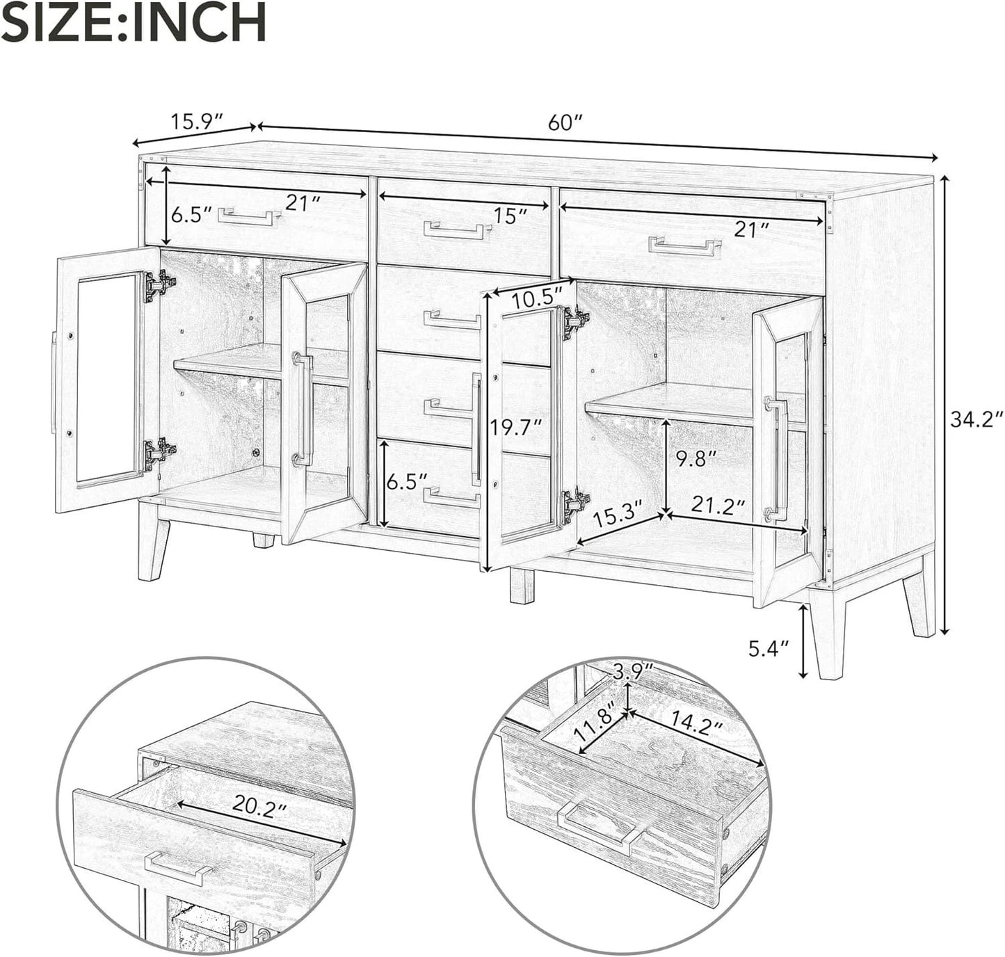 Retro Black Sideboard Buffet Cabinet w/ Gold Handles Solid Wood Legs Storage