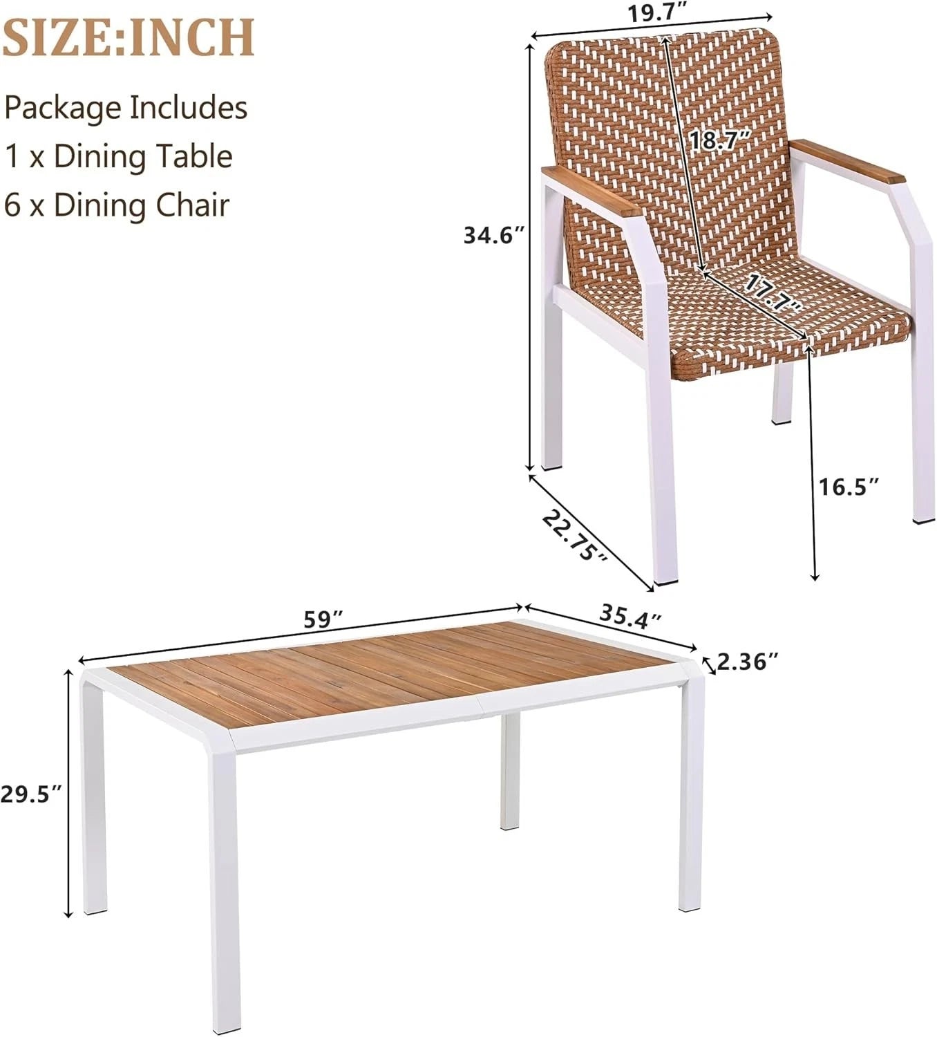 7PC Patio Dining Table Set Rattan Chairs Acacia Wood Top Outdoor Furniture