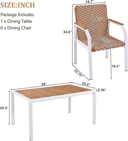 7PC Patio Dining Table Set Rattan Chairs Acacia Wood Top Outdoor Furniture