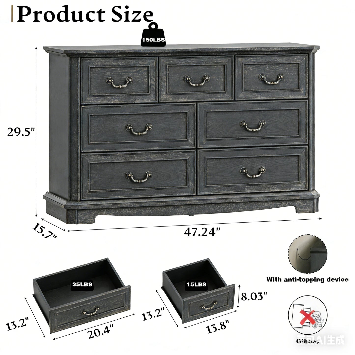 Farmhouse 7/8-Drawer Dresser, Vintage Rustic Wood Chest with Natural Texture