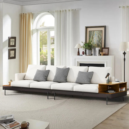 147.2'' Upholstered Sofa with USB, Cotton Fabric, Modern 4 Seat Couch w/ Shelves