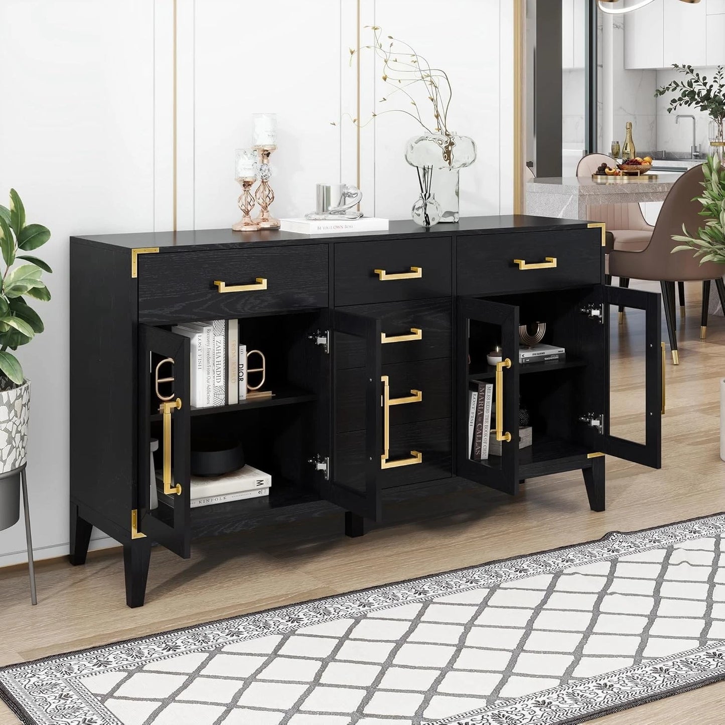 Retro Black Sideboard Buffet Cabinet w/ Gold Handles Solid Wood Legs Storage