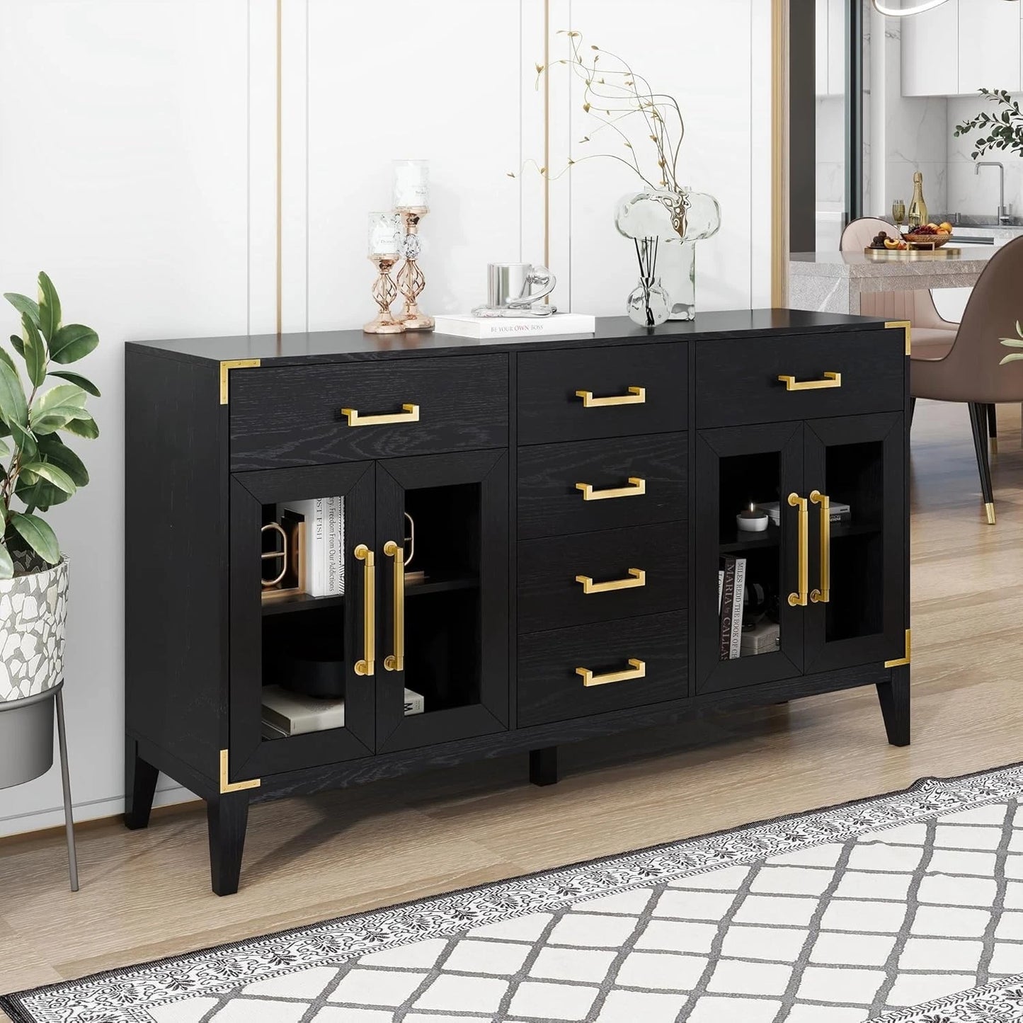 Retro Black Sideboard Buffet Cabinet w/ Gold Handles Solid Wood Legs Storage