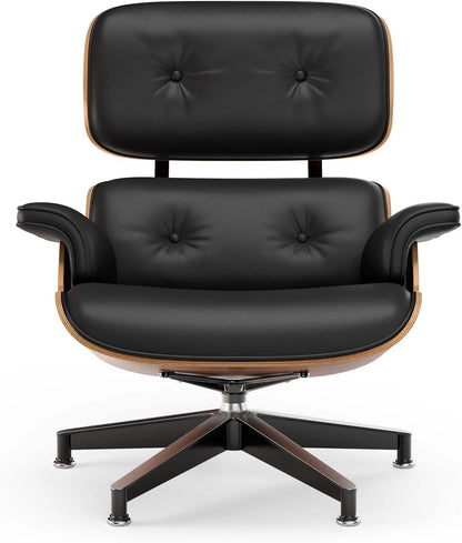 Black PU Leather Chaise Lounge Chair w/ Ottoman Mid Century Modern Wood Base