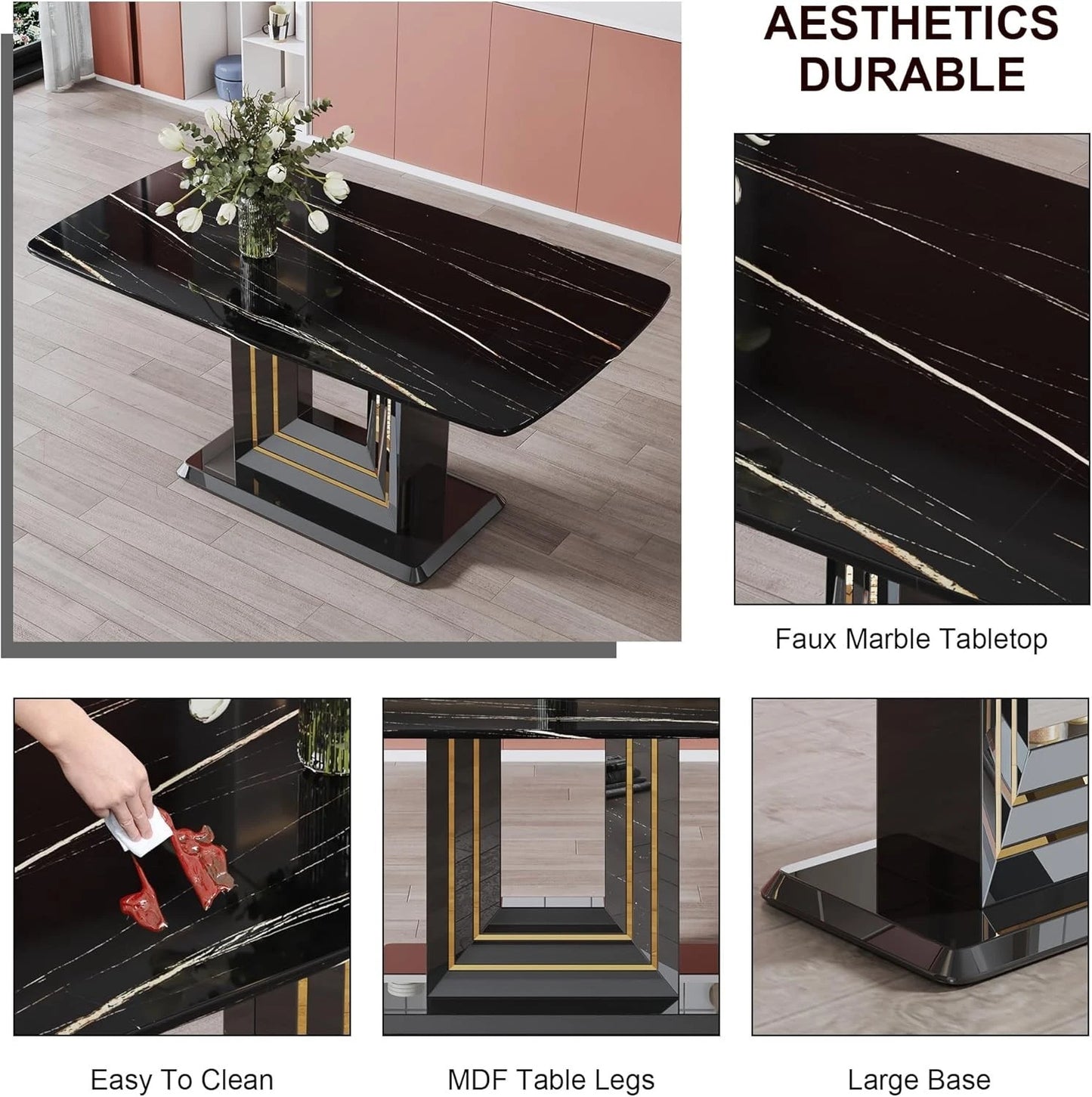 63" Faux Marble Dining Table for 4-6, Elegant Kitchen & Dining Room Table Modern