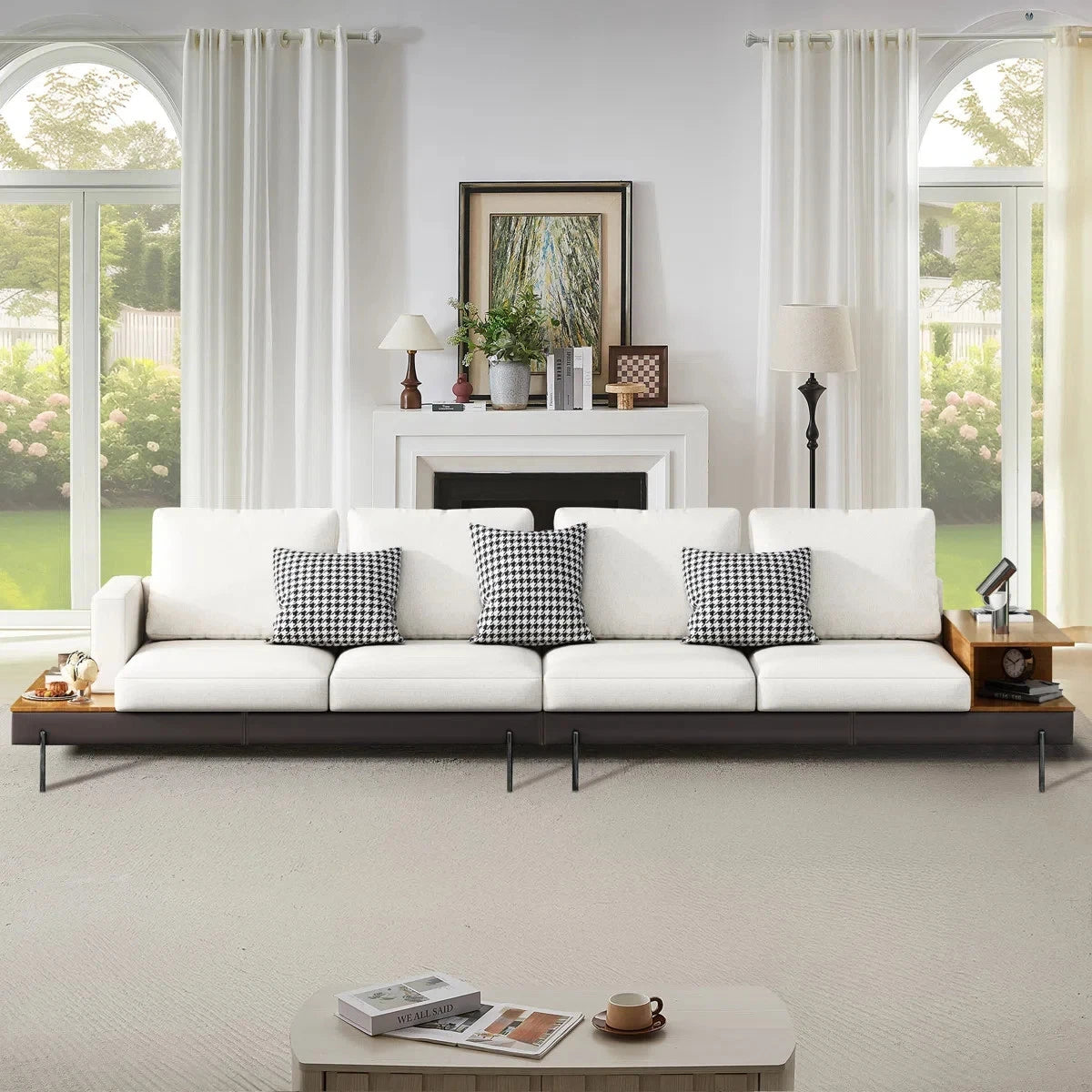 147.2'' Upholstered Sofa with USB, Cotton Fabric, Modern 4 Seat Couch w/ Shelves