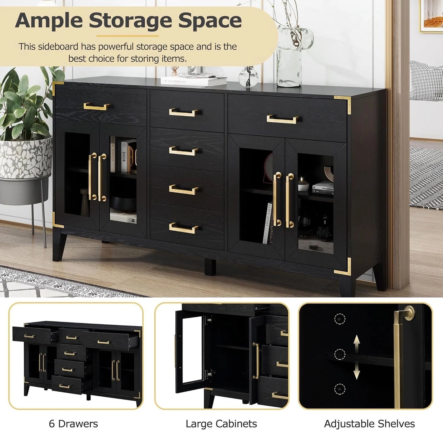 Retro Black Sideboard Buffet Cabinet w/ Gold Handles Solid Wood Legs Storage