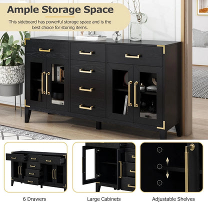 Retro Black Sideboard Buffet Cabinet w/ Gold Handles Solid Wood Legs Storage