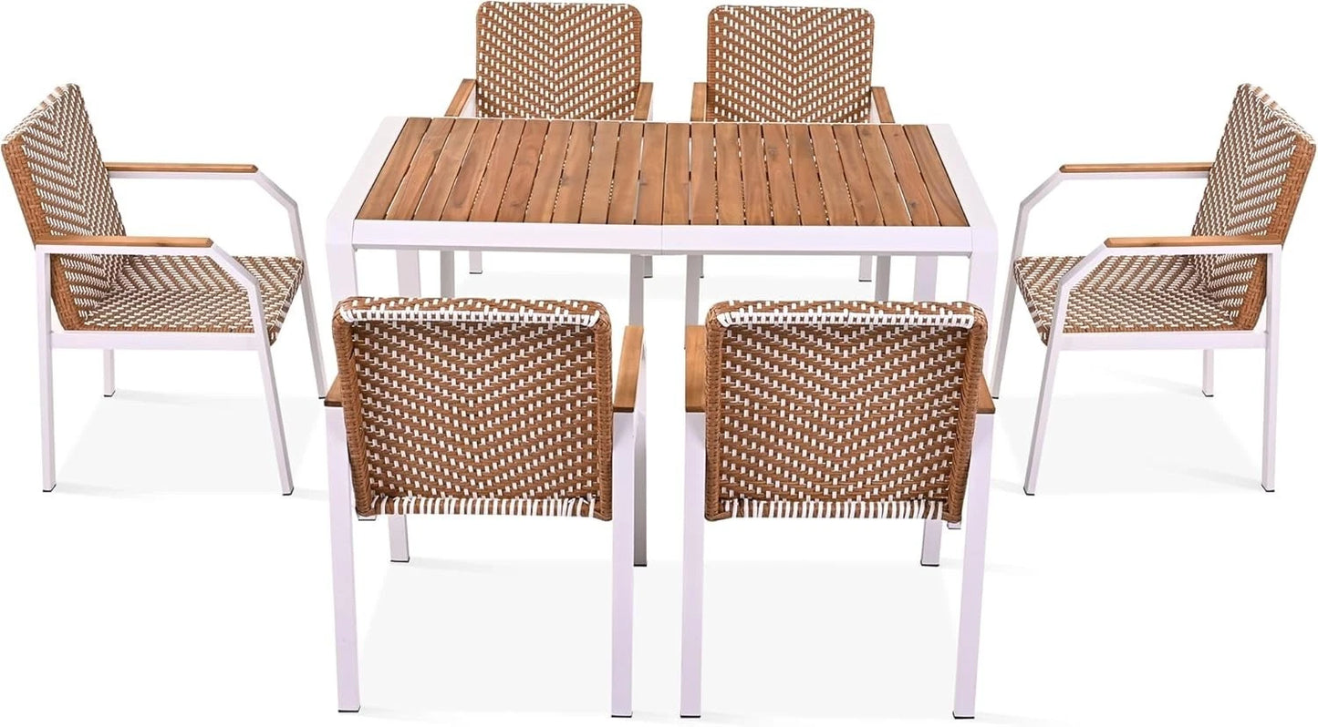 7PC Patio Dining Table Set Rattan Chairs Acacia Wood Top Outdoor Furniture
