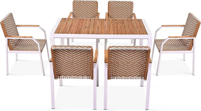 7PC Patio Dining Table Set Rattan Chairs Acacia Wood Top Outdoor Furniture