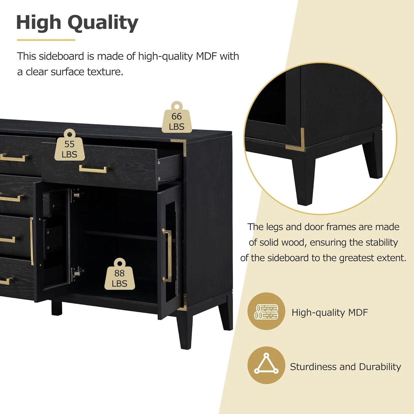 Retro Black Sideboard Buffet Cabinet w/ Gold Handles Solid Wood Legs Storage