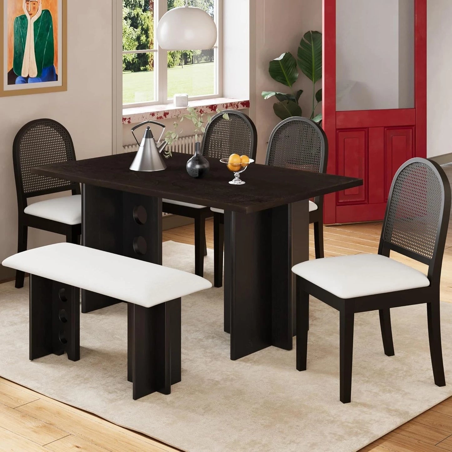 Modern 6PC Dining Table Set w/ 4 Upholstered Rattan Back Chairs & Bench Espresso