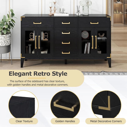 Retro Black Sideboard Buffet Cabinet w/ Gold Handles Solid Wood Legs Storage