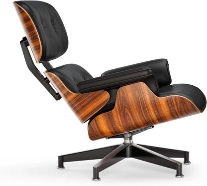 Black PU Leather Chaise Lounge Chair w/ Ottoman Mid Century Modern Wood Base