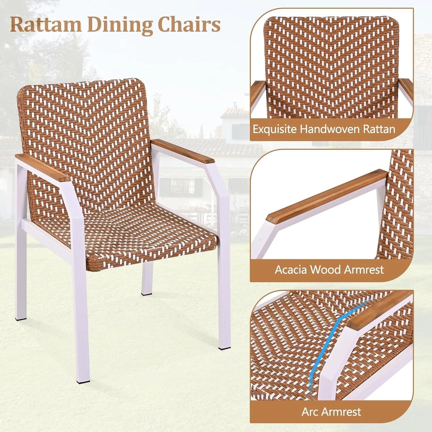 7PC Patio Dining Table Set Rattan Chairs Acacia Wood Top Outdoor Furniture