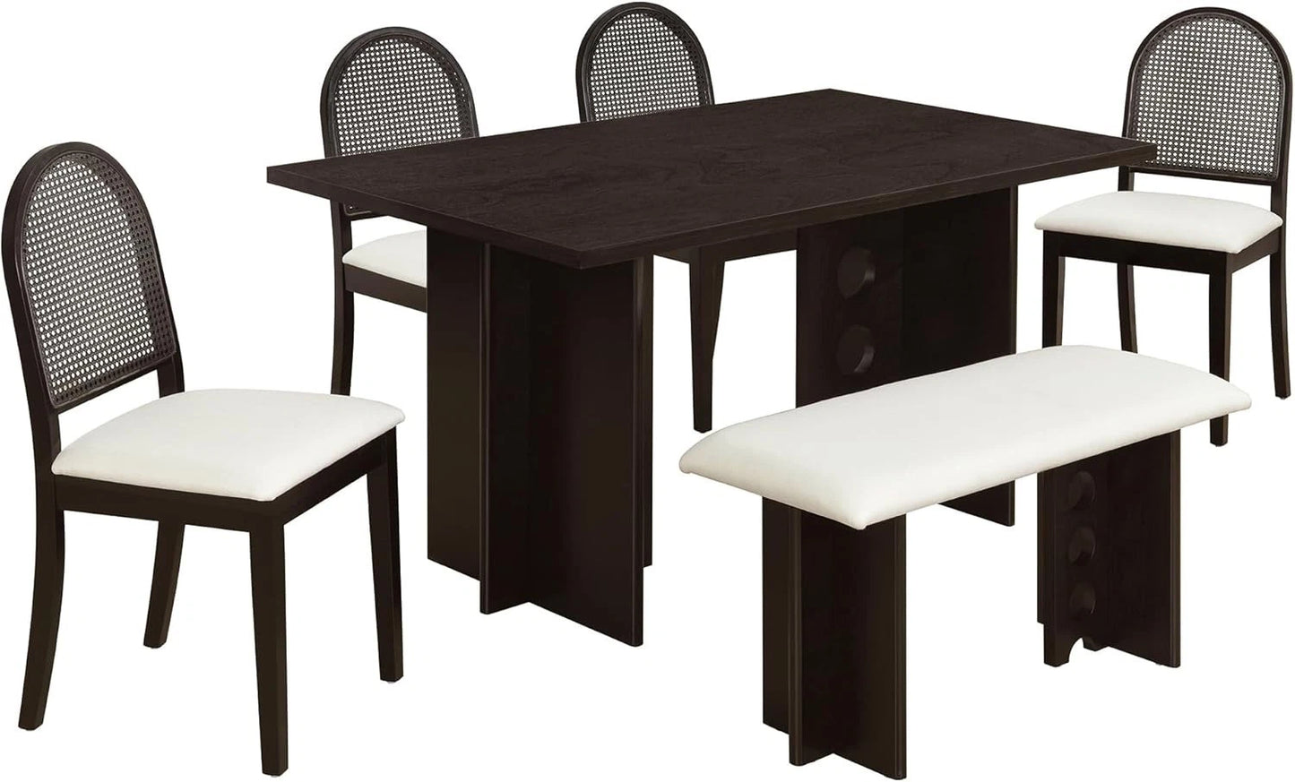 Modern 6PC Dining Table Set w/ 4 Upholstered Rattan Back Chairs & Bench Espresso