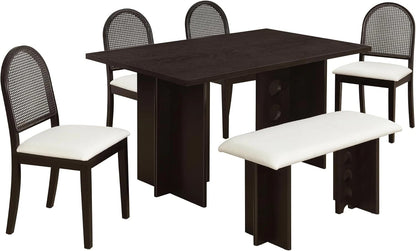 Modern 6PC Dining Table Set w/ 4 Upholstered Rattan Back Chairs & Bench Espresso