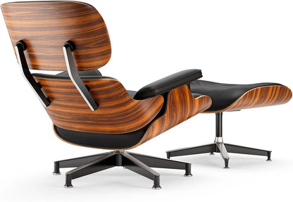 Black PU Leather Chaise Lounge Chair w/ Ottoman Mid Century Modern Wood Base