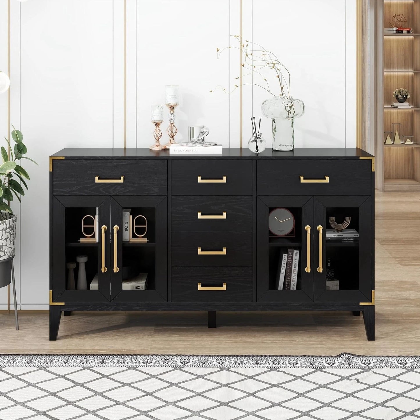 Retro Black Sideboard Buffet Cabinet w/ Gold Handles Solid Wood Legs Storage