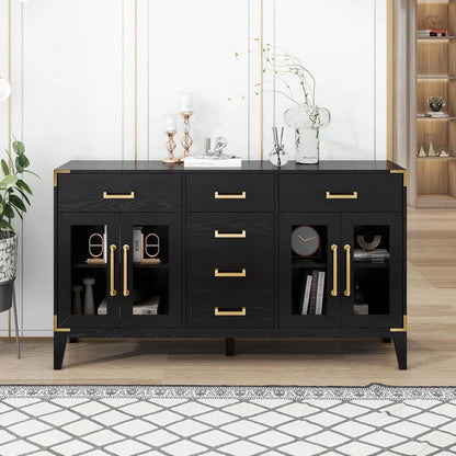 Retro Black Sideboard Buffet Cabinet w/ Gold Handles Solid Wood Legs Storage