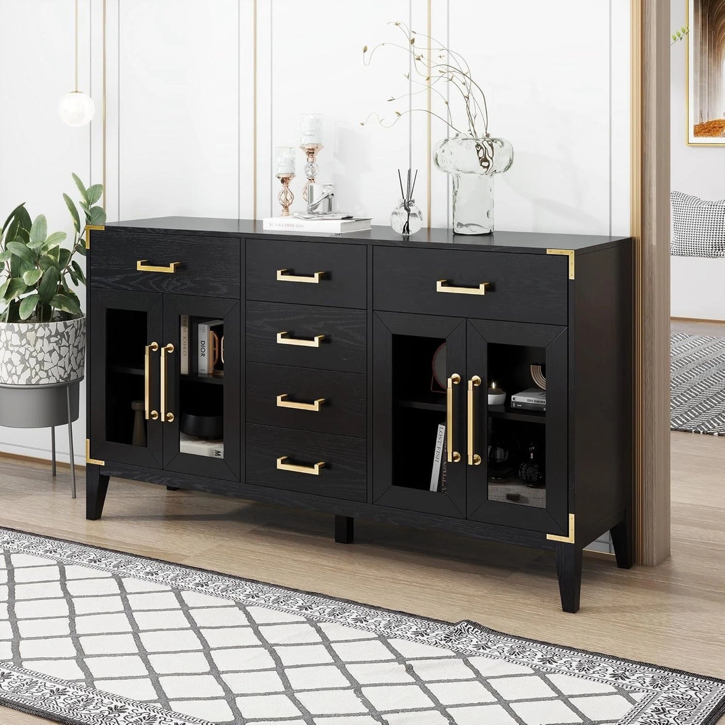 Retro Black Sideboard Buffet Cabinet w/ Gold Handles Solid Wood Legs Storage