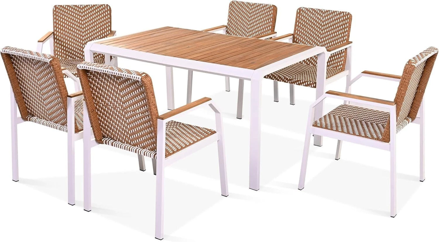 7PC Patio Dining Table Set Rattan Chairs Acacia Wood Top Outdoor Furniture