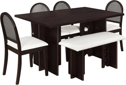 Modern 6PC Dining Table Set w/ 4 Upholstered Rattan Back Chairs & Bench Espresso