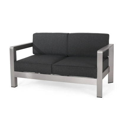 Outdoor Aluminum Loveseat with Cushions, Silver & Charcoal, 2-Seater Patio Sofa