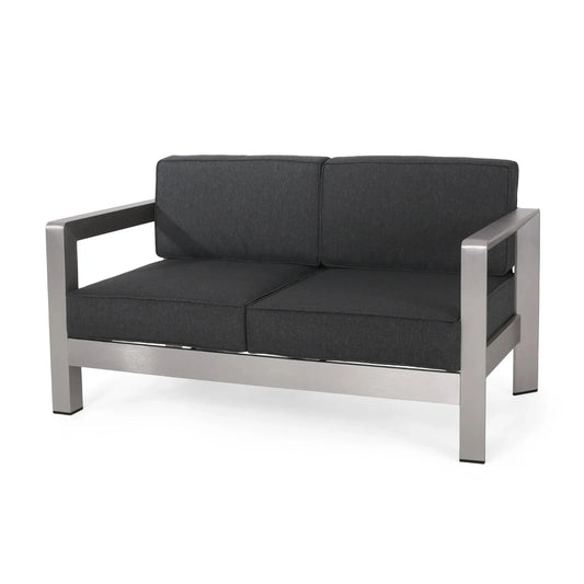 Outdoor Aluminum Loveseat with Cushions, Silver & Charcoal, 2-Seater Patio Sofa