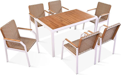 7PC Patio Dining Table Set Rattan Chairs Acacia Wood Top Outdoor Furniture