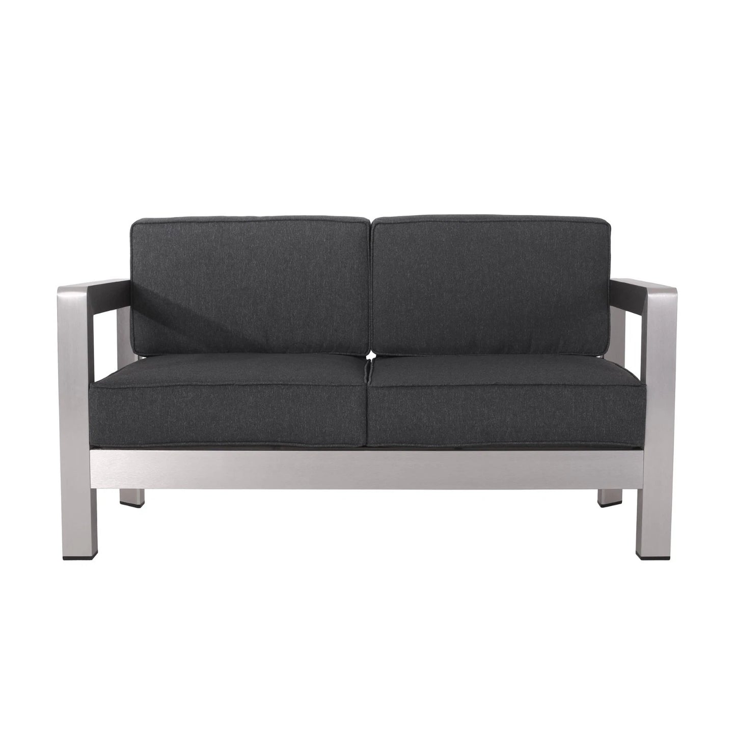 Outdoor Aluminum Loveseat with Cushions, Silver & Charcoal, 2-Seater Patio Sofa