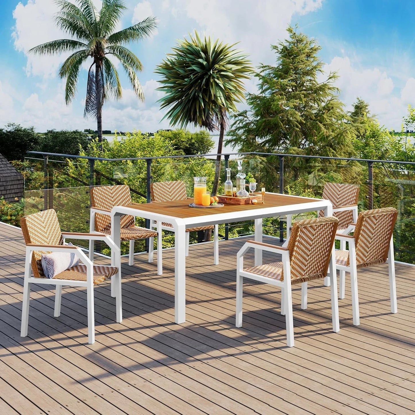 7PC Patio Dining Table Set Rattan Chairs Acacia Wood Top Outdoor Furniture