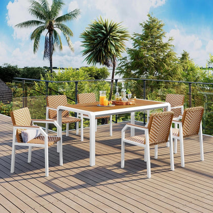 7PC Patio Dining Table Set Rattan Chairs Acacia Wood Top Outdoor Furniture